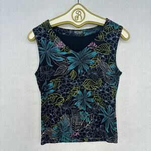 Vintage Boho Floral Blouse Women Medium Petite Black V Neck Sleeveless Fairy
